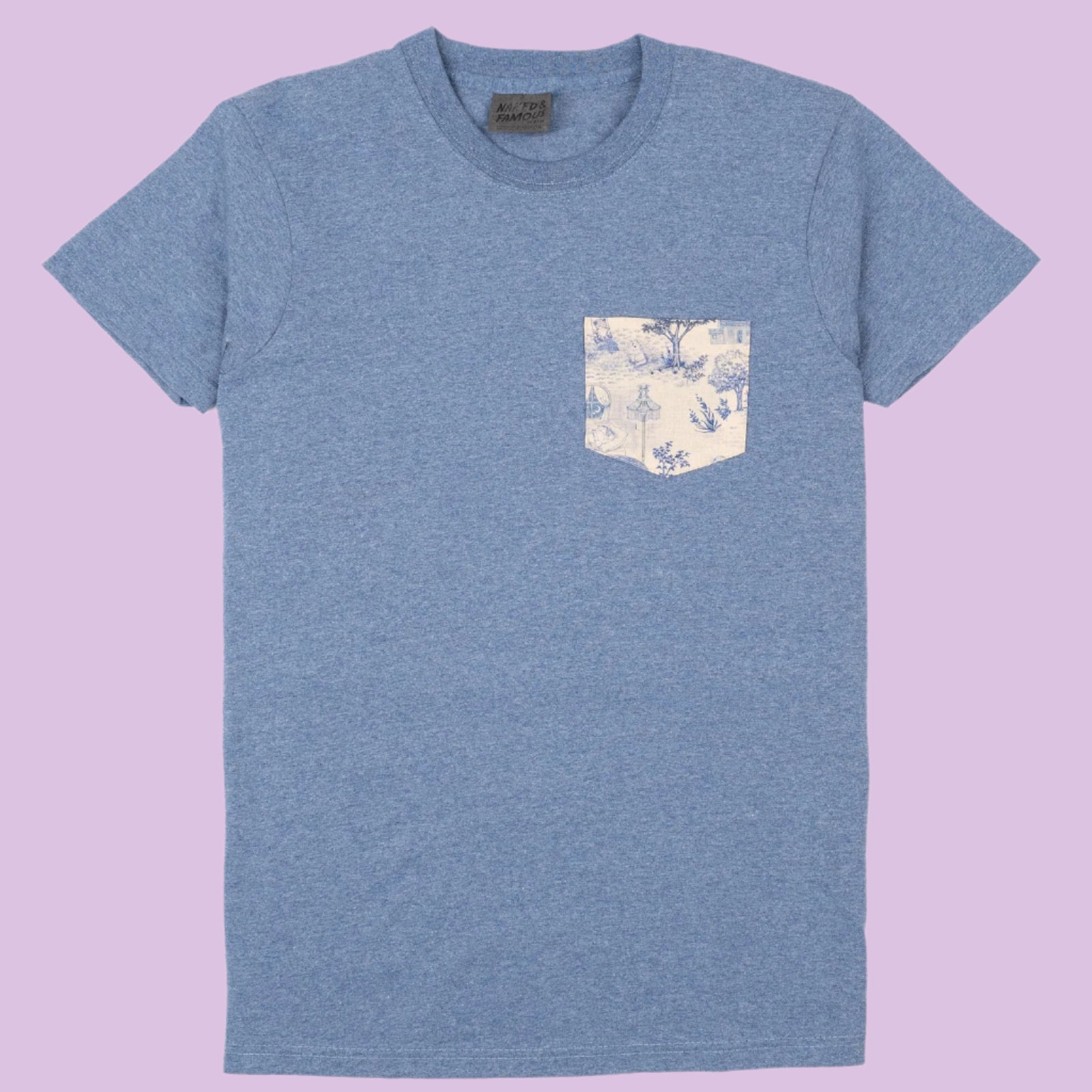 Pocket Tee - Linen Cats - Heather Blue