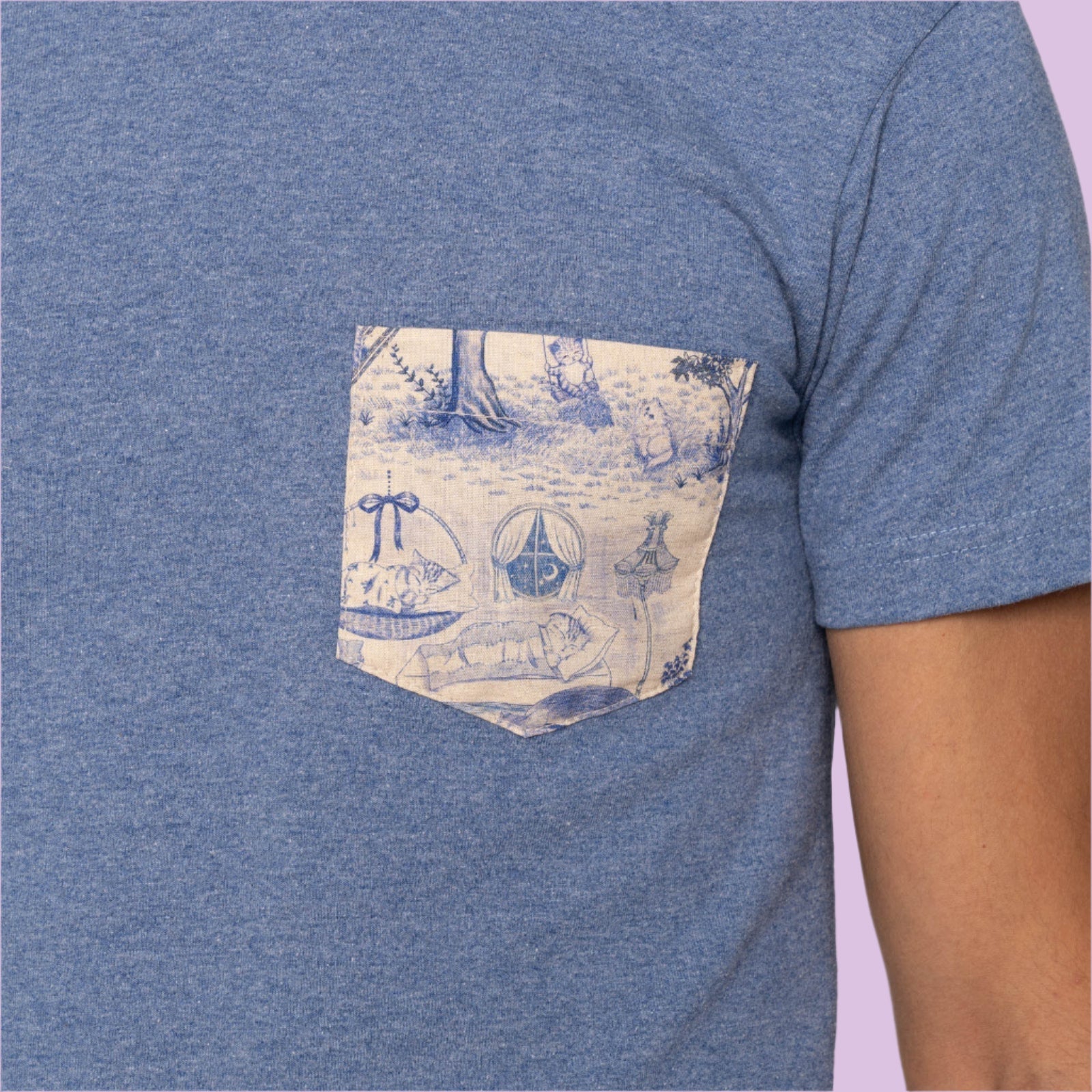 Pocket Tee - Linen Cats - Heather Blue