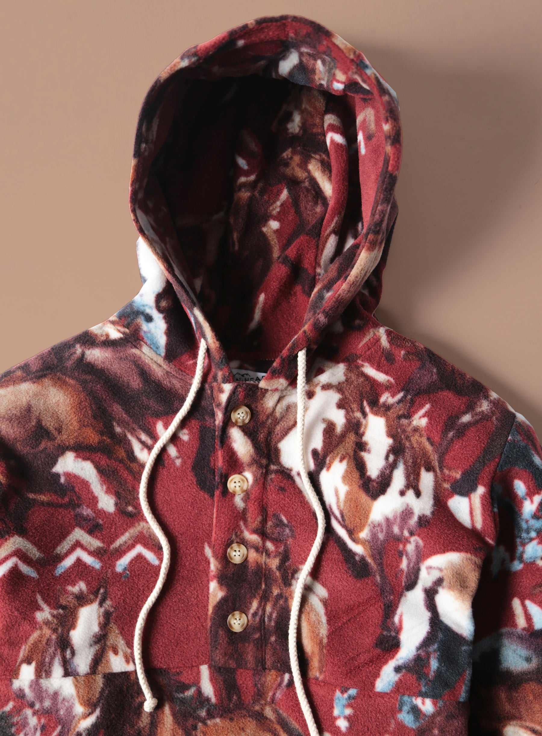 Camping Hoodie -  Polar Fleece - Burgundy Wild Horses