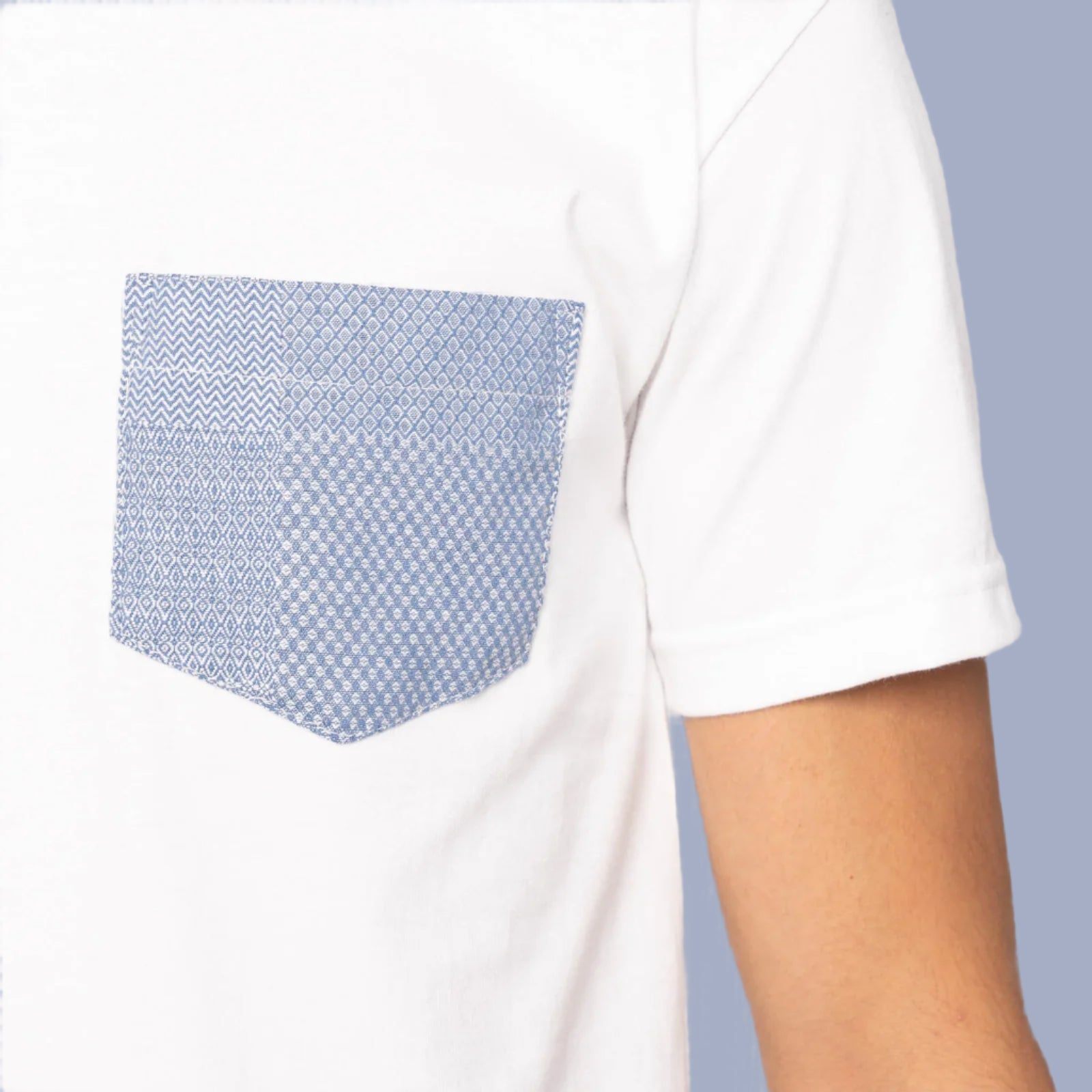 Pocket Tee - Pale Blue Dobby Patchwork - White