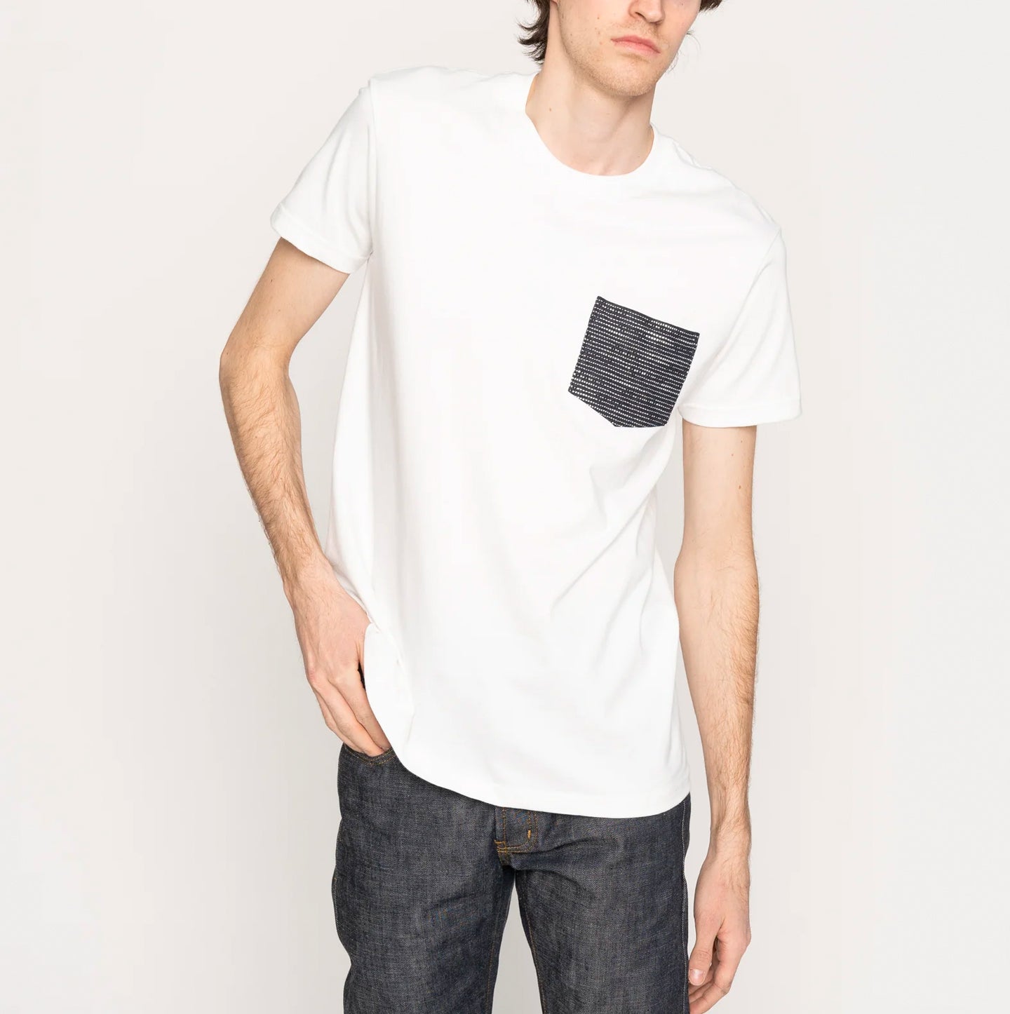 Pocket Tee - White - Slub Sashiko Denim