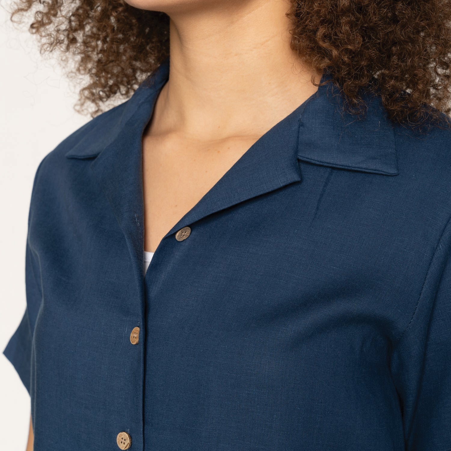 Women's Camp Collar Shirt - French Linen Fine Canvas - Blue