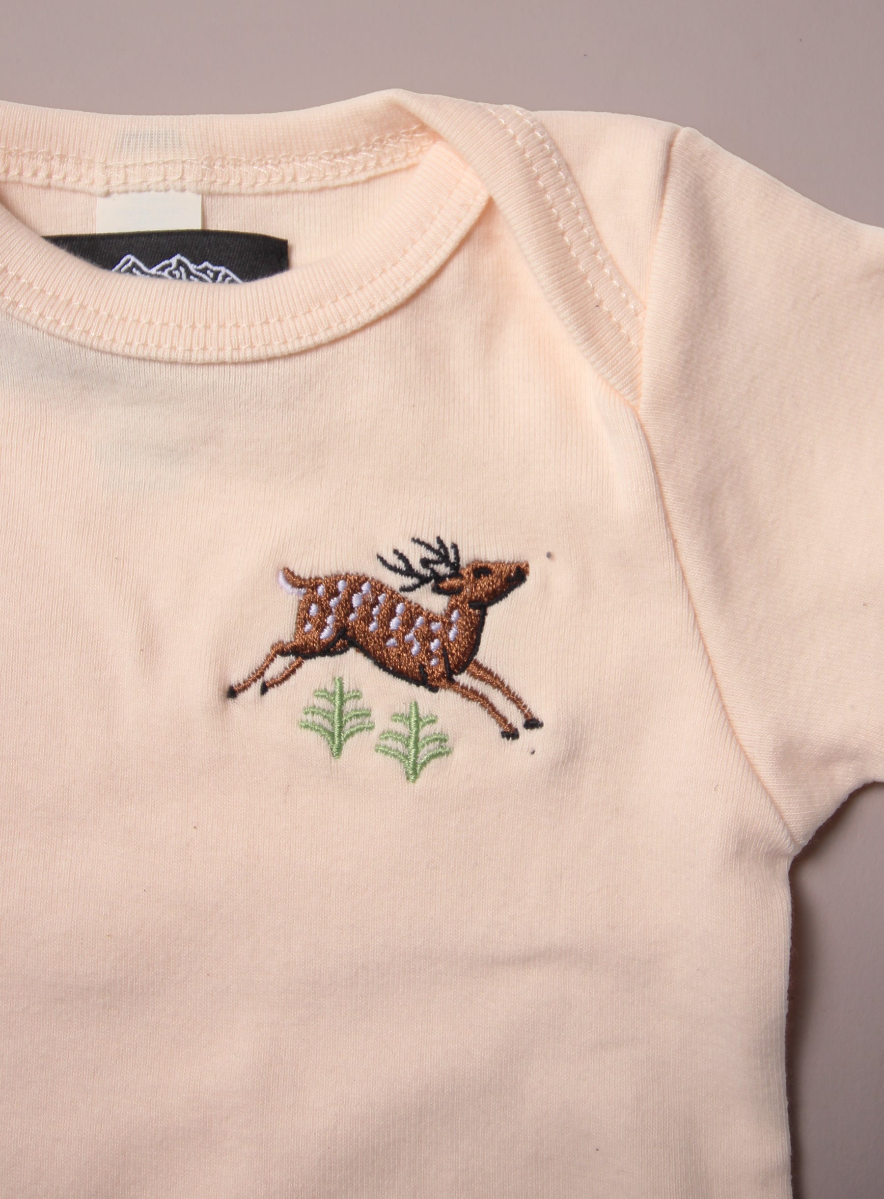 Organic Baby Onesie - Peach - Deer Embroidery